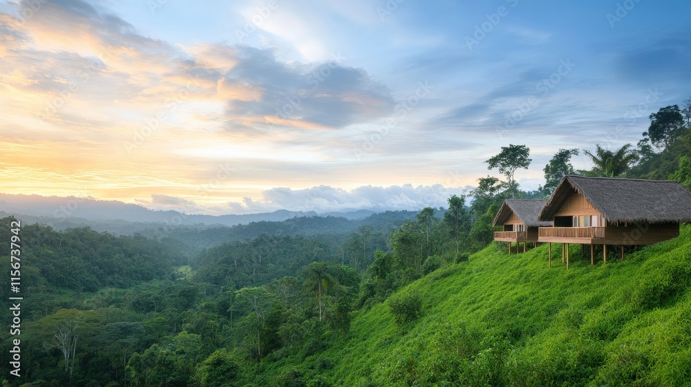 Scenic Sunrise Over Lush Green Landscape Featuring Wooden Cabins Nestled on a Hill in Tropical Forest with Vibrant Sky and Rolling Mountains Scenic Sunrise Over Lush Green Landscape Featuring Wooden Cabins Nestled on a Hill in Tropical Forest with Vibrant Sky and Rolling Mountains