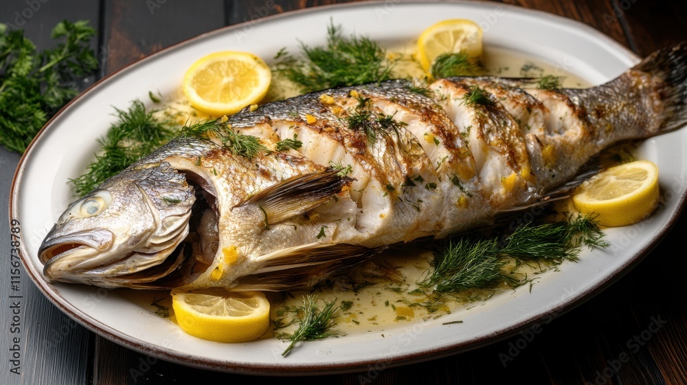 Grilled whole fish with lemon and dill on white platter Grilled whole fish with lemon and dill on white platter