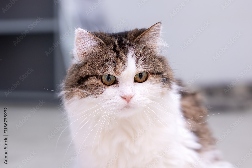 A closeup view featuring a brown and white cat gazing directly at the camera A closeup view featuring a brown and white cat gazing directly at the camera