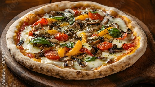 Delicious Vegetarian Pizza Topped With Mushrooms And Peppers photo