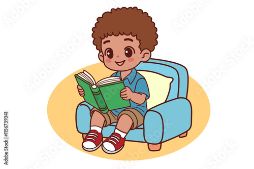 A child is happily reading a book.