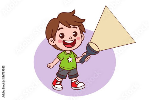 A child turns on a flashlight. Vector illustration in cartoon style.