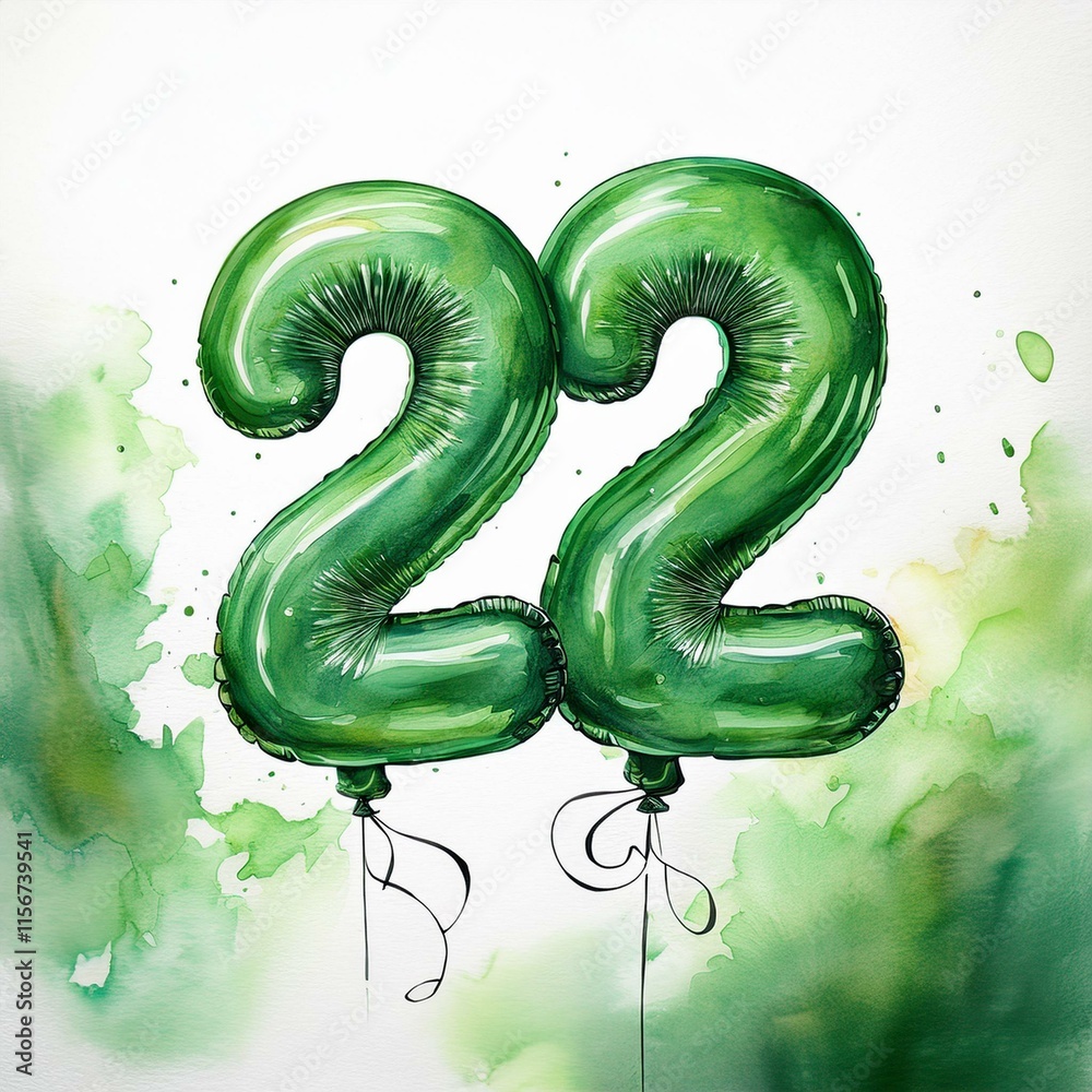 Green birthday / anniversary balloon, number 22, watercolor painting with white background Green birthday / anniversary balloon, number 22, watercolor painting with white background