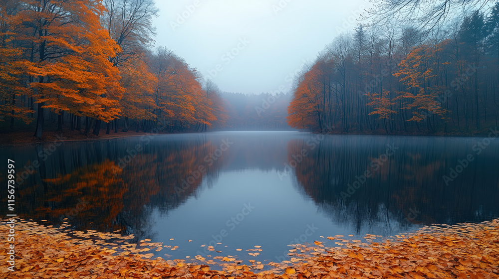 Obraz premium Reflective autumn forest surrounding a calm lake in the mist.