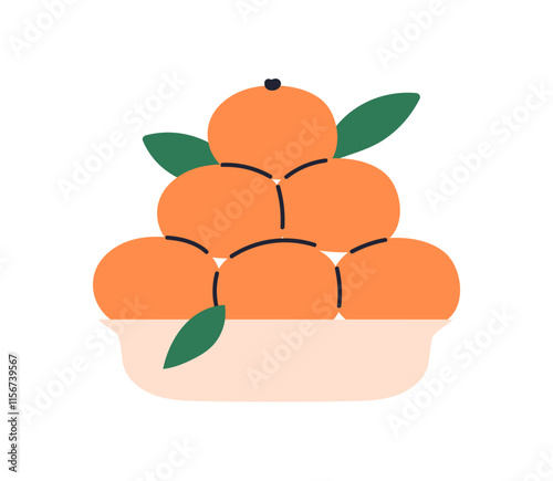 Mandarin oranges stacked in bowl. Healthy fresh citrus fruits with leaves, vitamin food, natural snack. Tangerines pile, seasonal treat. Flat vector illustration isolated on white background