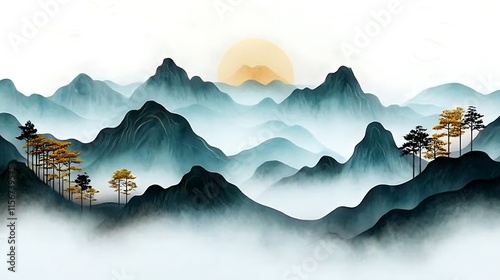 Serene Sunrise Over Misty Mountains: A Digital Ink Wash Painting AI Generated photo