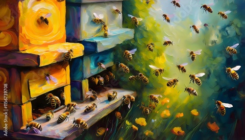 Swarms of bees at the hive entrance in a heavily populated honey bee in oil painting