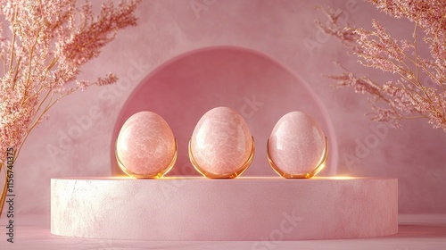Elegant Display of Pink Marble Eggs on a Minimalist Pedestal with Delicate Floral Accents in a Soft Pink Setting