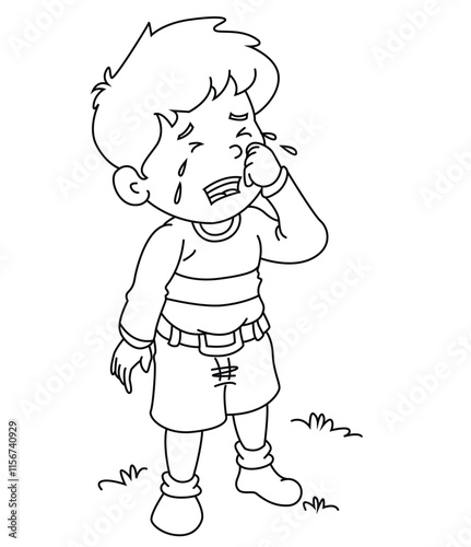 Cute cartoon hand drawn vector crying boy coloring page.