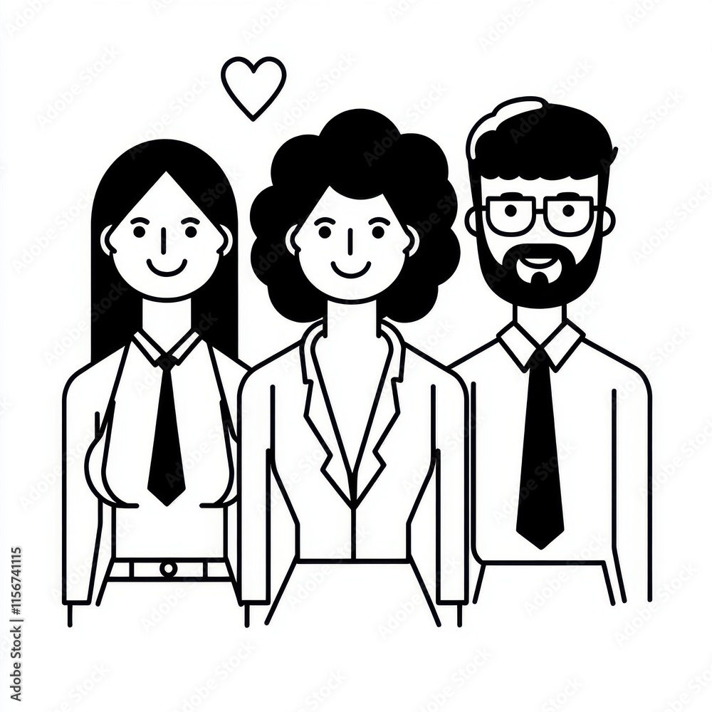 Three smiling friends, two women and one man, showcasing unity and friendship in a simple line art style. Three smiling friends, two women and one man, showcasing unity and friendship in a simple line art style.