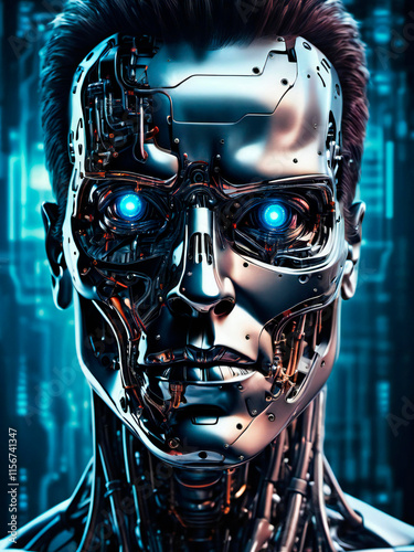 Digital abstract art of human face into ai technology background, terminator 3 rise of machine style look
