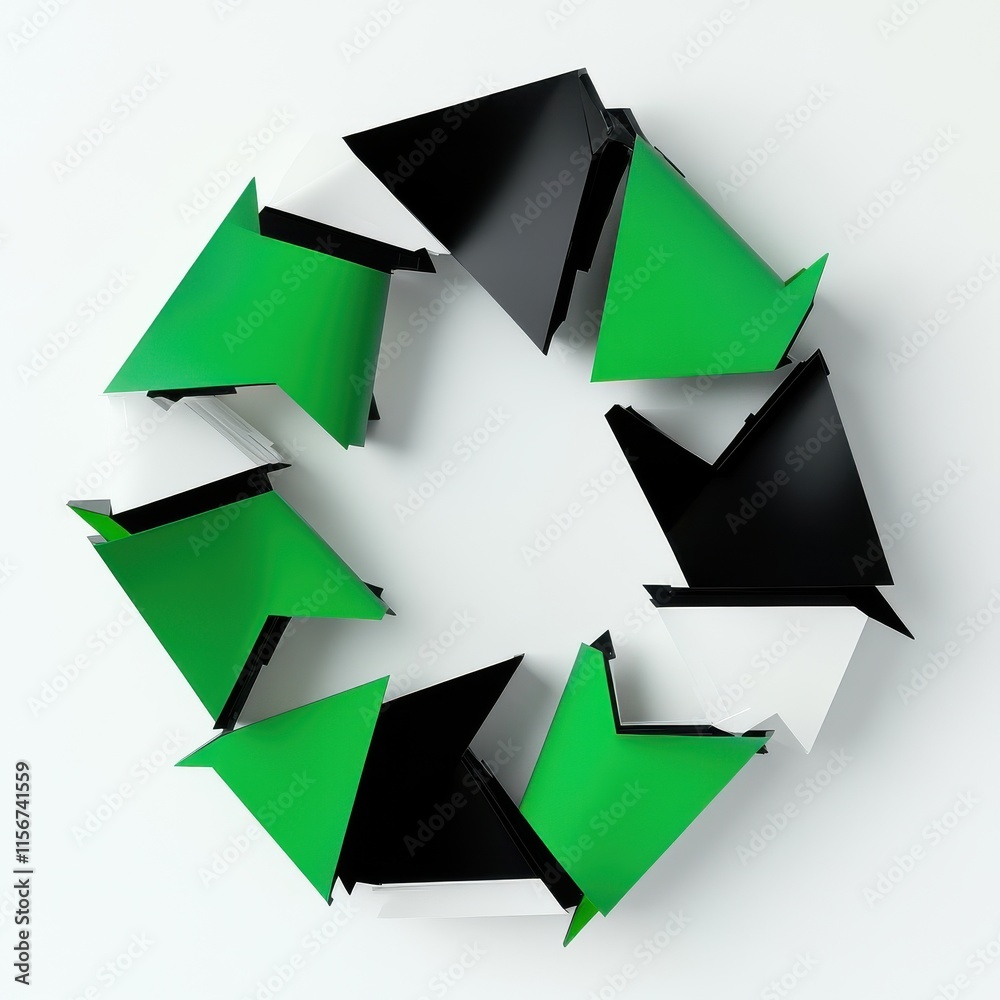 A creative arrangement of green, black, and white arrows forming a circular recycling symbol on a clean background.