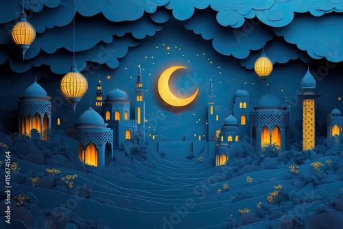 A mesmerizing Islamic-inspired artwork featuring a full moon glowing brightly over a stunning mosque surrounded by intricate clouds. The design showcases illuminated domes and minarets with warm golde photo