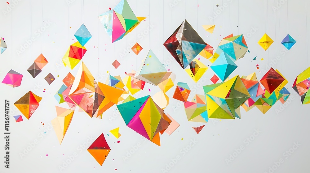 An abstract arrangement of colorful shapes, including dodecahedrons and pyramids, suspended in mid-air against a bright white backdrop
