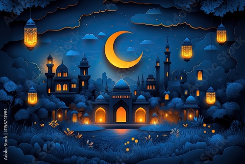 A mesmerizing Islamic-inspired artwork featuring a full moon glowing brightly over a stunning mosque surrounded by intricate clouds. The design showcases illuminated domes and minarets with warm golde photo