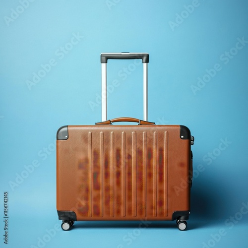 Stylish brown hard-shell suitcase against a vibrant blue background, perfect for travel enthusiasts.