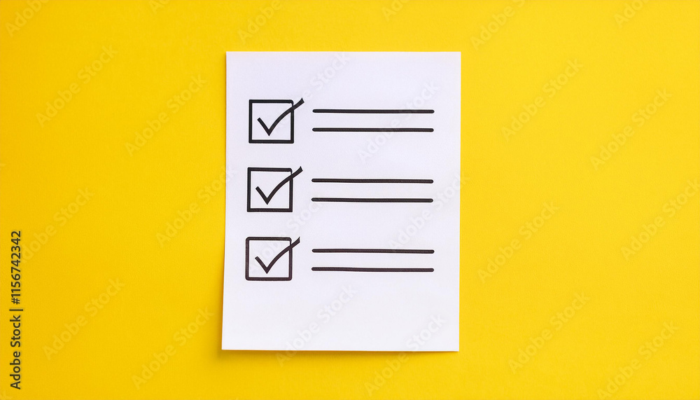 Checklist with check marks on yellow background. Top view. Mock-up. Checklist with check marks on yellow background. Top view. Mock-up.