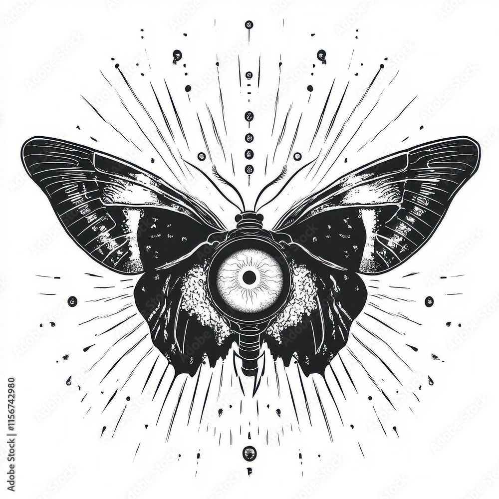 Obraz premium Intricate black and white illustration of a butterfly with an eye at its center, showcasing an artistic and mystical design.
