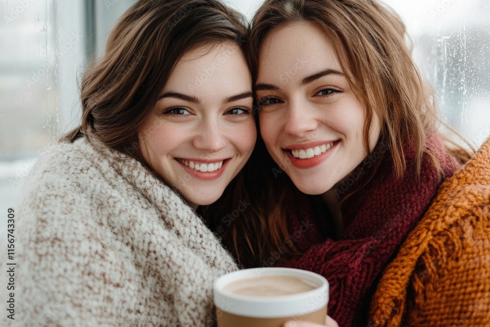 custom made wallpaper toronto digitalTwo Smiling Women Wrapped in Cozy Blankets Enjoying a Warm Beverage Together during a Winter Day, Radiating Joy and Friendship with Soft Natural Light