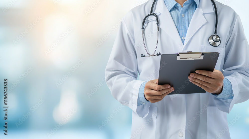 doctor holding clipboard with stethoscope in bright medical environment doctor holding clipboard with stethoscope in bright medical environment