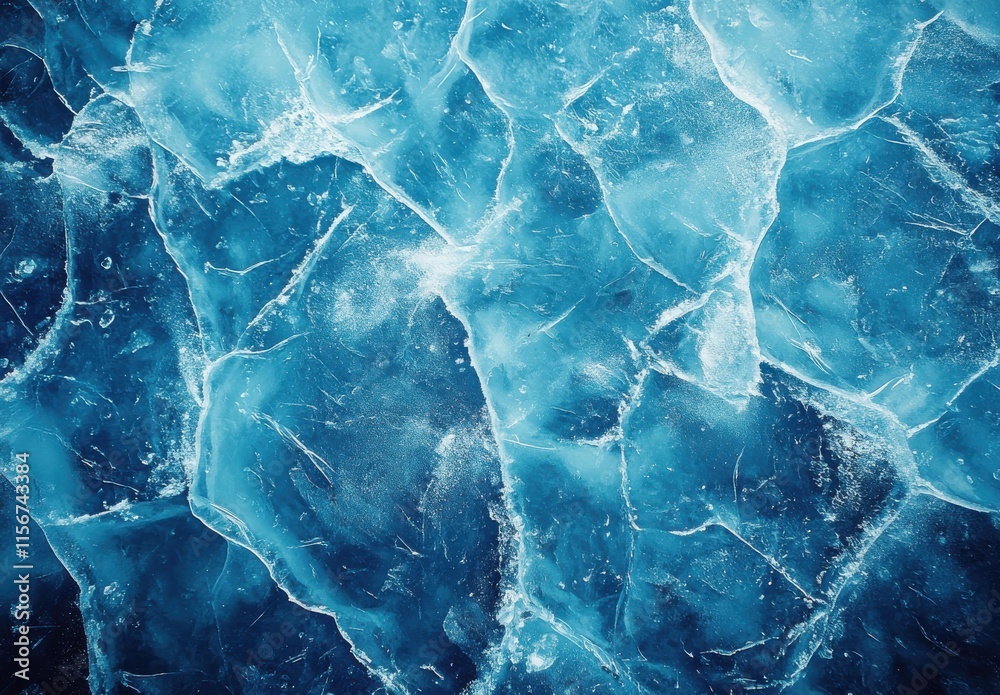 Obraz premium Close-up View of Cracked Ice Surface with Textured Patterns and Celestial Blue Hues Reflecting Light in a Natural Setting