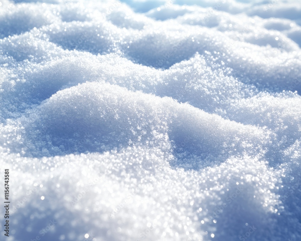 Obraz premium Close-up View of Fresh Snow Surface with Glittering Crystals Capturing Sunlight and Creating a Serene Winter Landscape Atmosphere