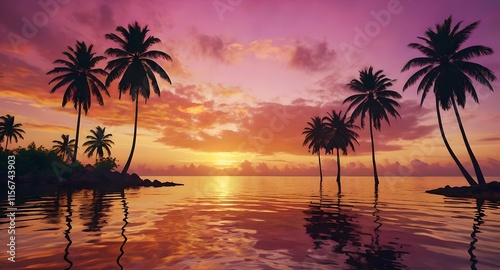 Silhouetted palm trees line a tranquil beach, bathed in the warm colors of a stunning sunset. 
