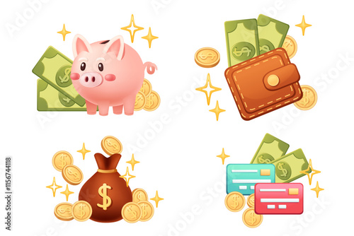 Set of money in different shapes paper bill, golden coins, credit cards. Leather wallet with dollars, piggy bank and coin. Full bag of coins with dollar symbol. Vector illustration isolated on white