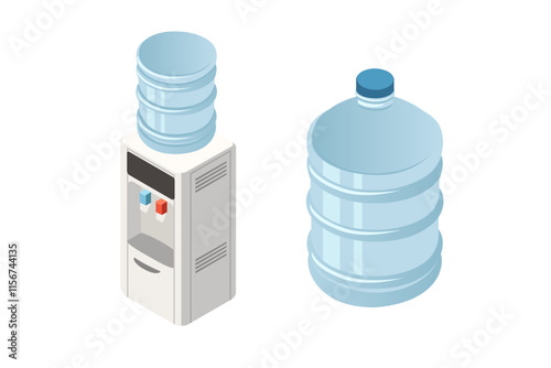Set of isometric water tanks. Water cooler with cold and heat water valve. Office supply. Vector illustration isolated on white background