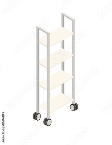 Tall, mobile shelf unit with multiple tiers and wheels. Minimalist design for hospitals, clinics, or medical storage purposes. Vector illustration isolated on white background