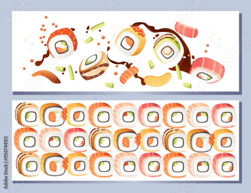 Horizontal banner design. Advertising style menu card. Sushi roll japan street fast food with seafood salmon tuna and rice with cheese vector illustration on white background