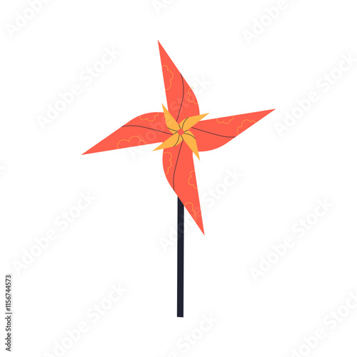 Chinese pinwheel toy spinning. Rotating paper wheel on stick, swirling in wind. Traditional decorative plaything for kids. Festive mill. Flat vector illustration isolated on white background