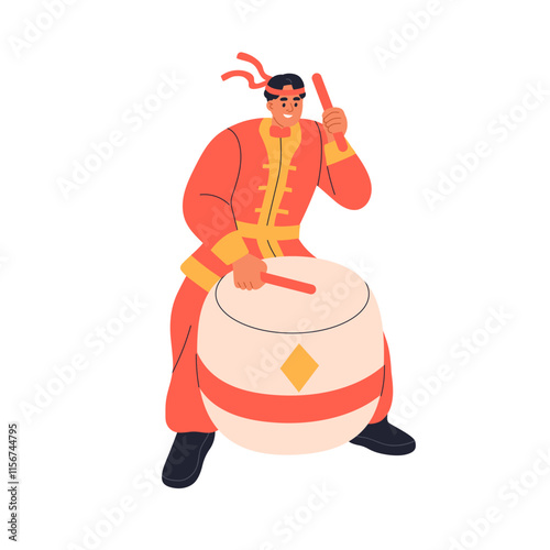 Man playing traditional Chinese drum. Drummer, street musician in festive att...