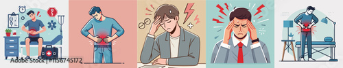 Vector collection of characters having stomach and headaches