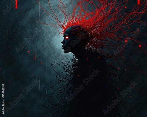 Abstract dark humanoid figure with glowing red eyes and tangled lines, evoking eerie and surreal emotions