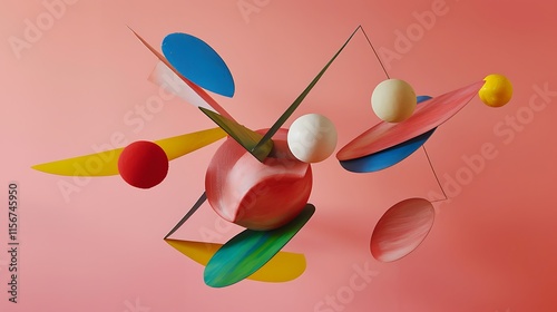 An abstract arrangement of colorful shapes, including ellipsoids and spheres, suspended in mid-air against a solid pink backdrop photo