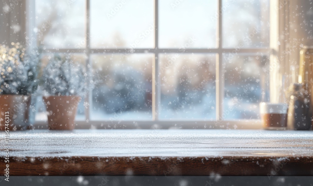 Naklejka premium Cozy Winter Scene with Snowfall on Wooden Table and Frosted Window, Capturing the Essence of a Warm Indoor Atmosphere During the Cold Season