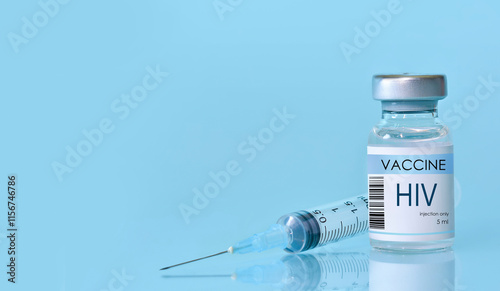 HIV Vaccine in a bottle with a syringe on a blue background. Experimental HIV vaccine vial for immunization against HIV disease. Copy space