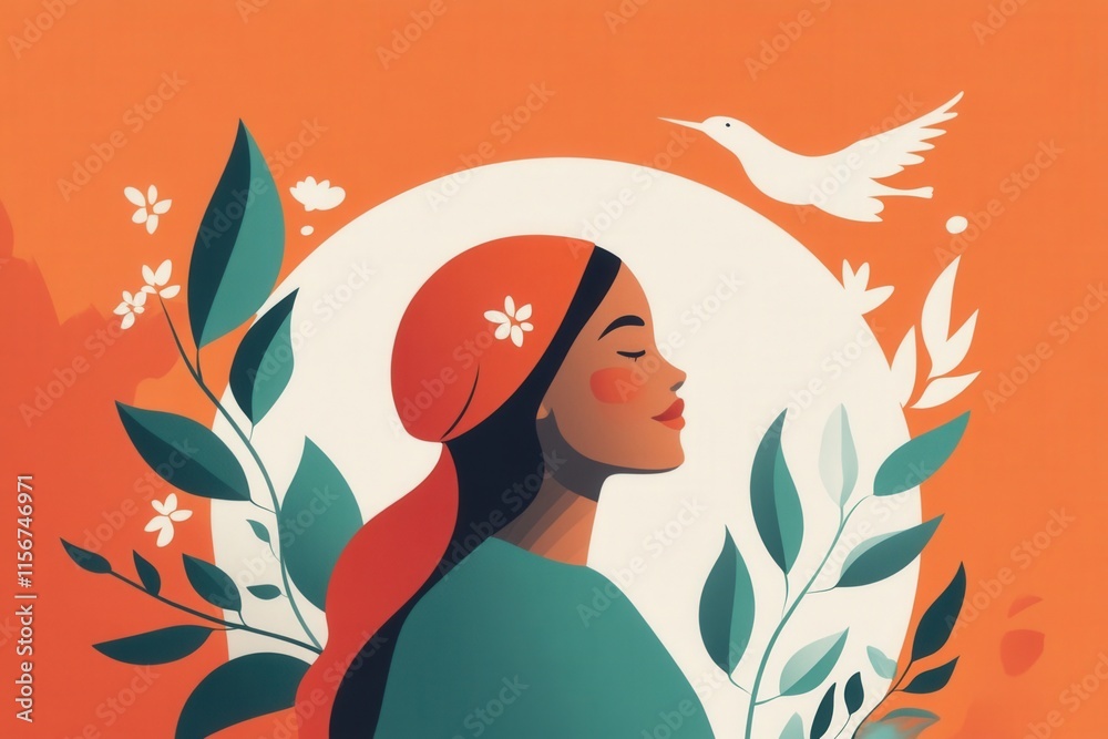 Serene Portrait of a Young Woman with Vibrant Greenery and a Hummingbird against a Warm Orange Background in a Minimalist Style Serene Portrait of a Young Woman with Vibrant Greenery and a Hummingbird against a Warm Orange Background in a Minimalist Style