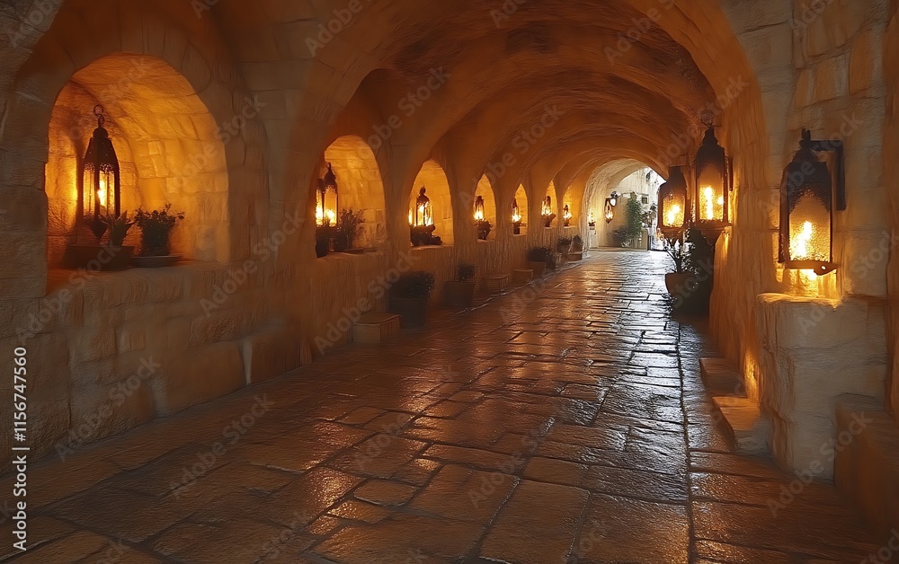 Fototapeta premium Lit stone passageway with arched alcoves.