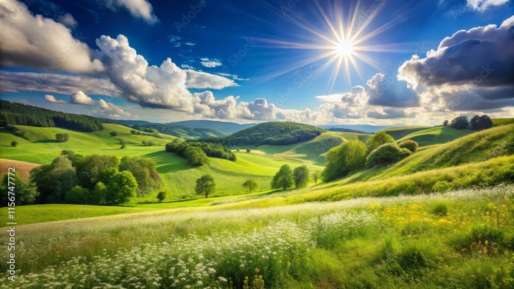 Fototapeta premium Serene Summer Landscape: Rolling Hills, Fluffy Clouds, Medium Shot