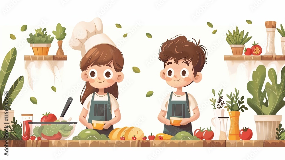 flat design, illustration, Trying Something New: A boy learns to cook for the first time