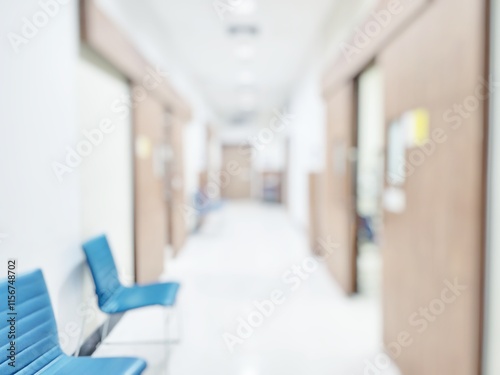 Blur abstract background of corridor in clean hospital. Blurred view of aisle in office with light floor. Blurry lobby and waiting area in hotel. 