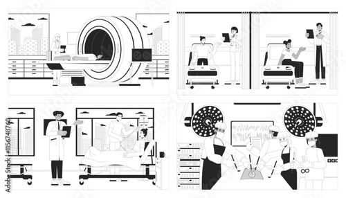 Hospital medical treatment black and white line illustrations set. Diverse doctors 2D characters monochrome backgrounds. MRI scanner, emergency room, surgery outline scenes vector images collection