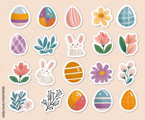 Colorful Easter Stickers Featuring Eggs Flowers and Bunnies photo