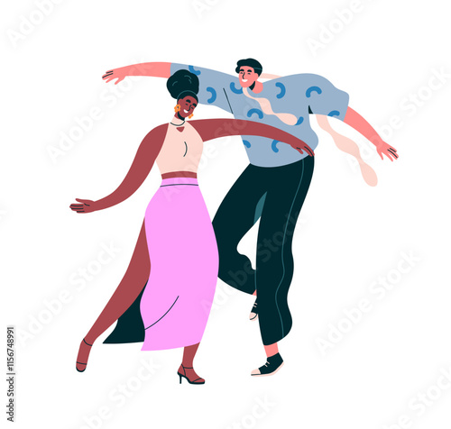 Dancing couple. Happy man and woman, energetic and elegant partner dancers, e...