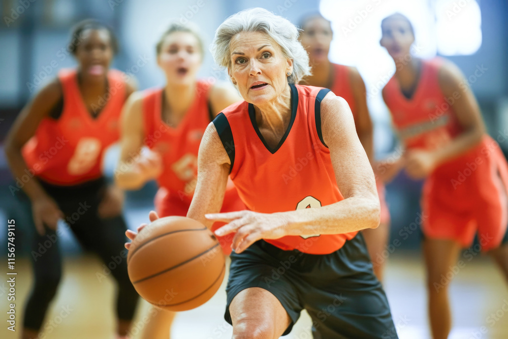Naklejka premium Elderly caucasian female basketball player dribbling in indoor game with teammates