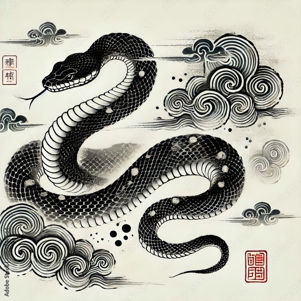 Fototapeta premium Chinese Zodiac Snake Sign - Year of the Snake - Cycle of Animals and Chinese Calendar - Asian Zodiac and Astrology - New Year Animal - Water, Earth, Wood, Metal and Fire - Ink Painting