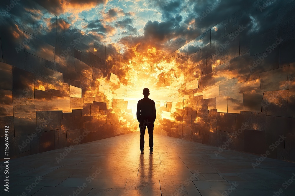 Man walks towards a fiery sunset between mirrored walls Man walks towards a fiery sunset between mirrored walls