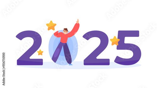 concept of welcoming the year 2025. happy new year 2025. illustration of a man waving to greet. flat style design. elements